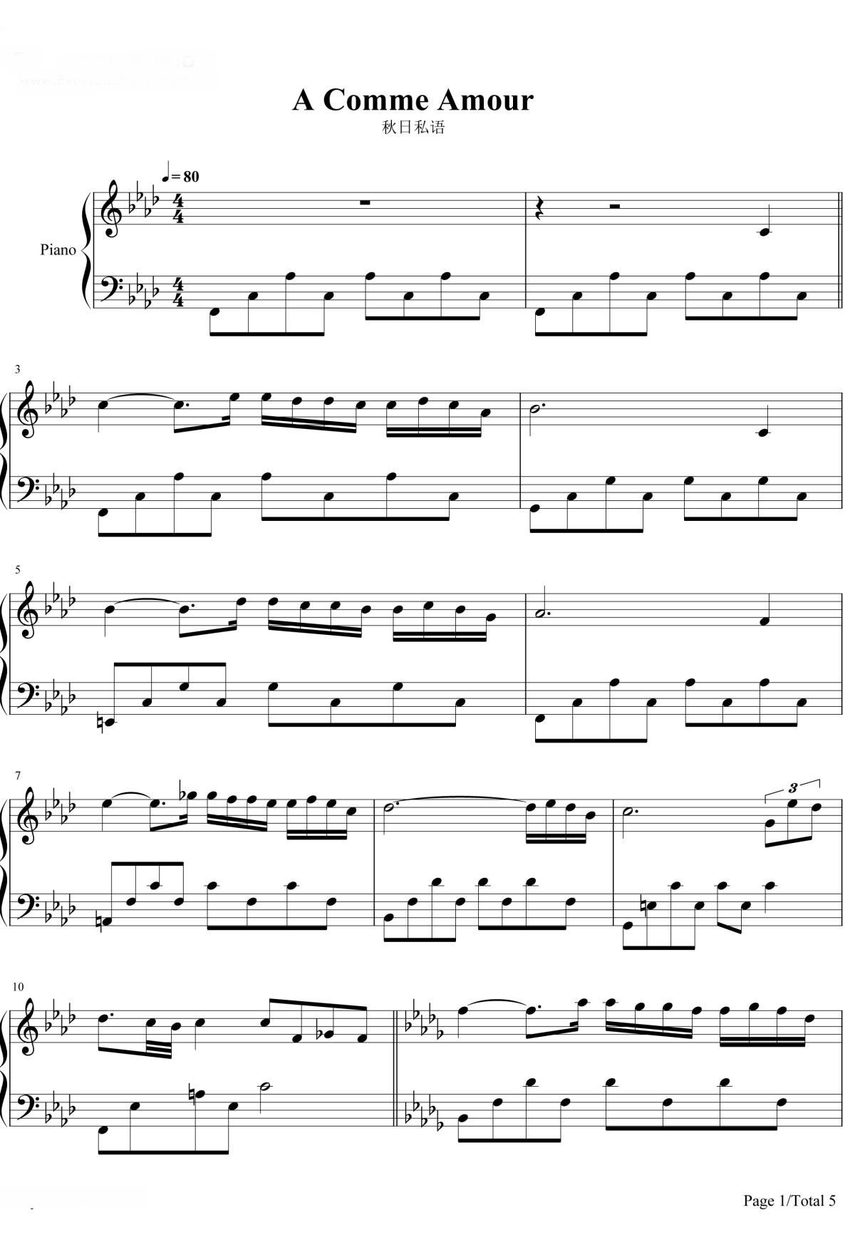 《秋日私语》的钢琴谱钢琴曲谱 - Richard Clayderman