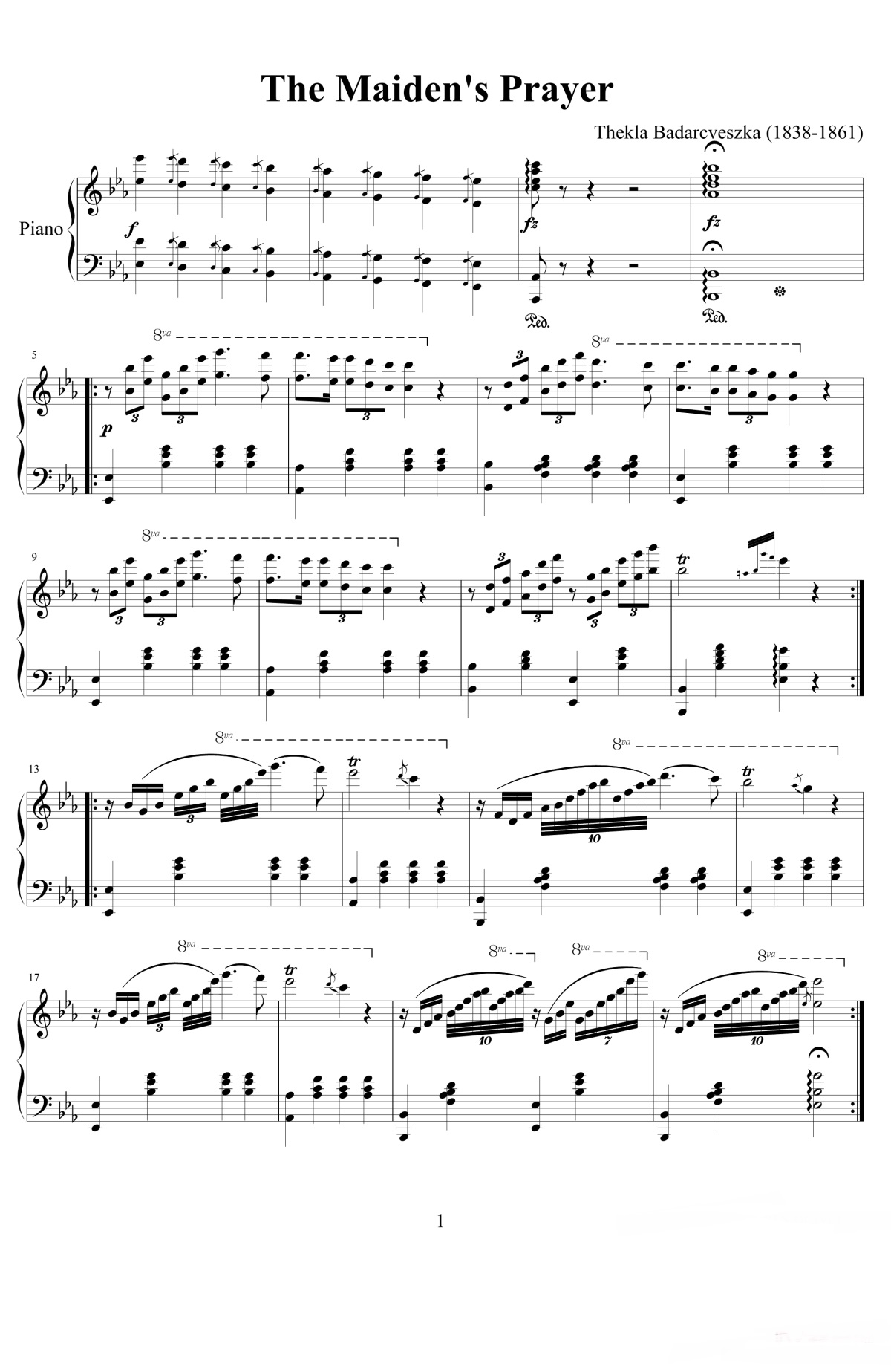 《少女的祈祷》的钢琴谱钢琴曲谱 - 巴达尔切弗斯卡