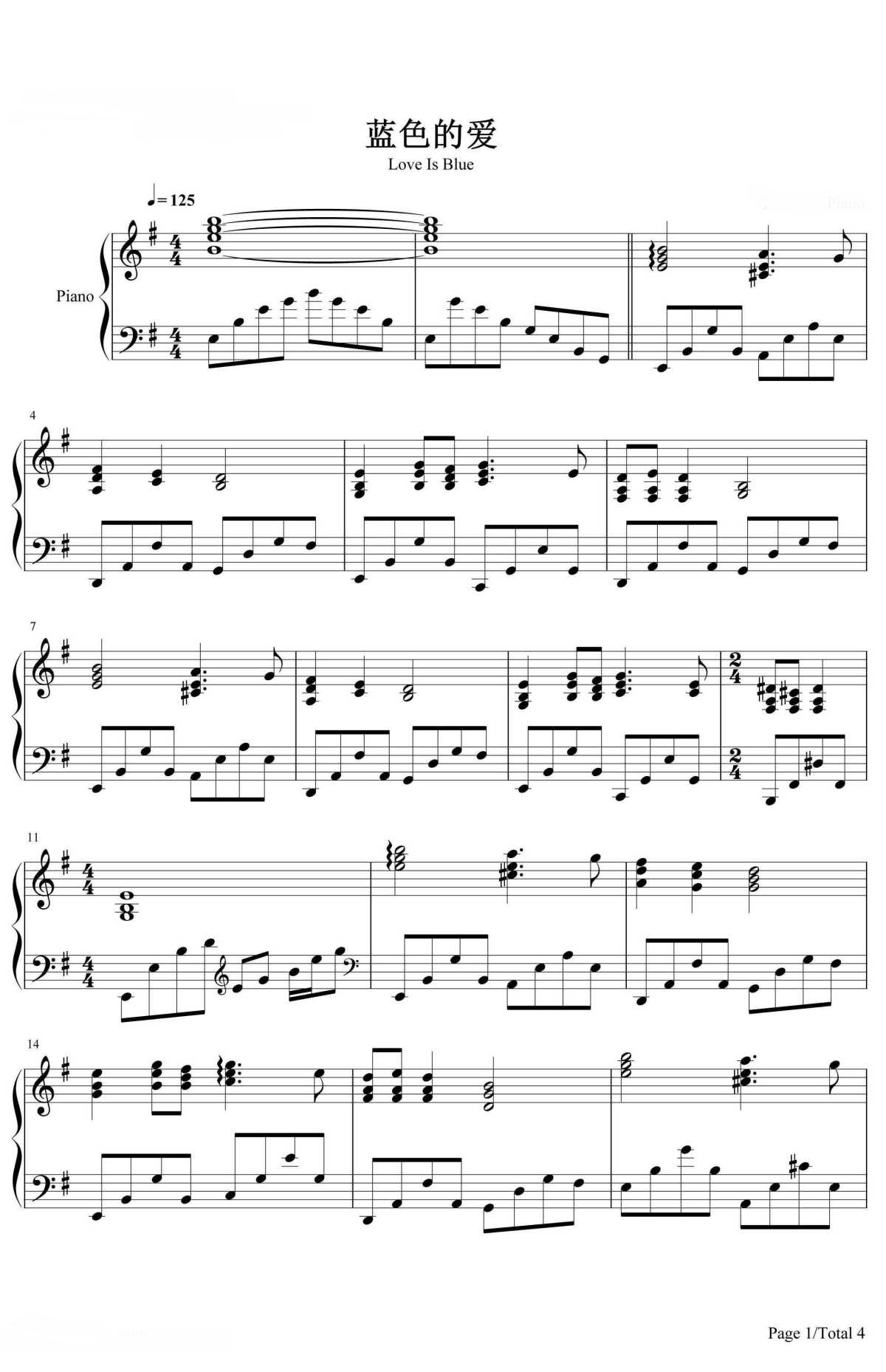 《蓝色的爱》的钢琴谱钢琴曲谱 - Richard Clayderman
