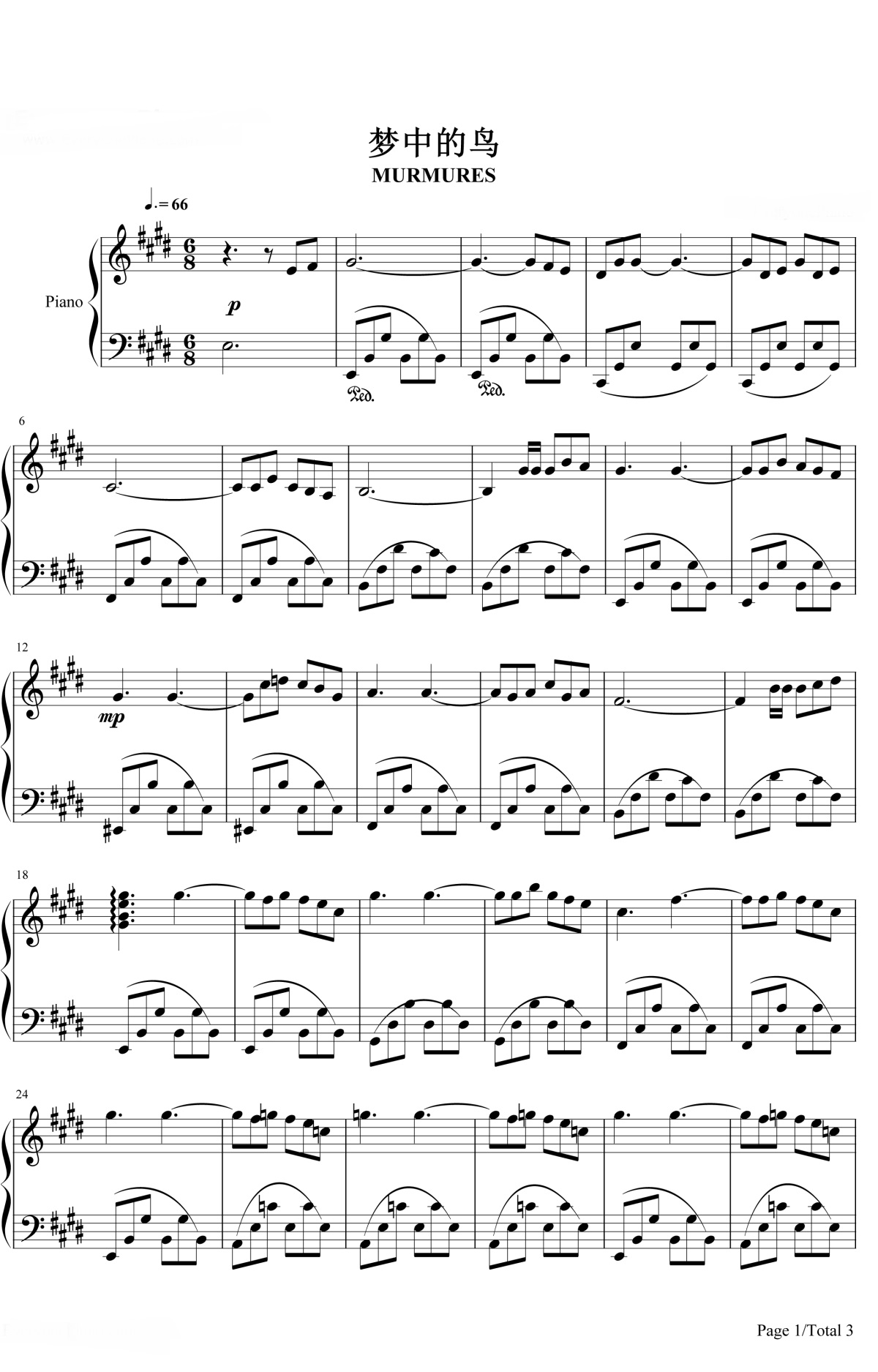 《梦中的鸟》的钢琴谱钢琴曲谱 - Richard Clayderman